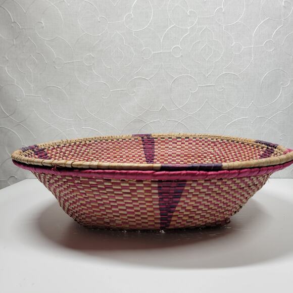 Vintage Handmade Malian Woven Wall Baskets 5" -15" Pink Green Wall Decor - Picture 6 of 16